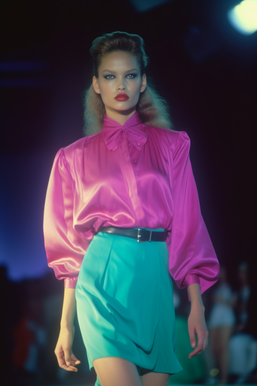 AI-generated image of a model on a runway in a 1990s-inspired magenta and aquamarine outfit, designed using Midjourney