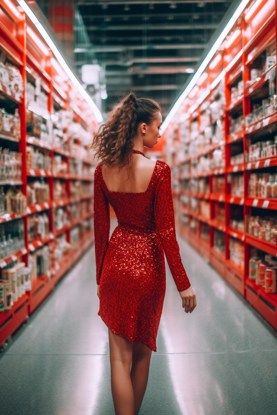 Woman in a red sparkly dress shopping at a red-themed supermarket, an AI-generated image designed with Midjourney