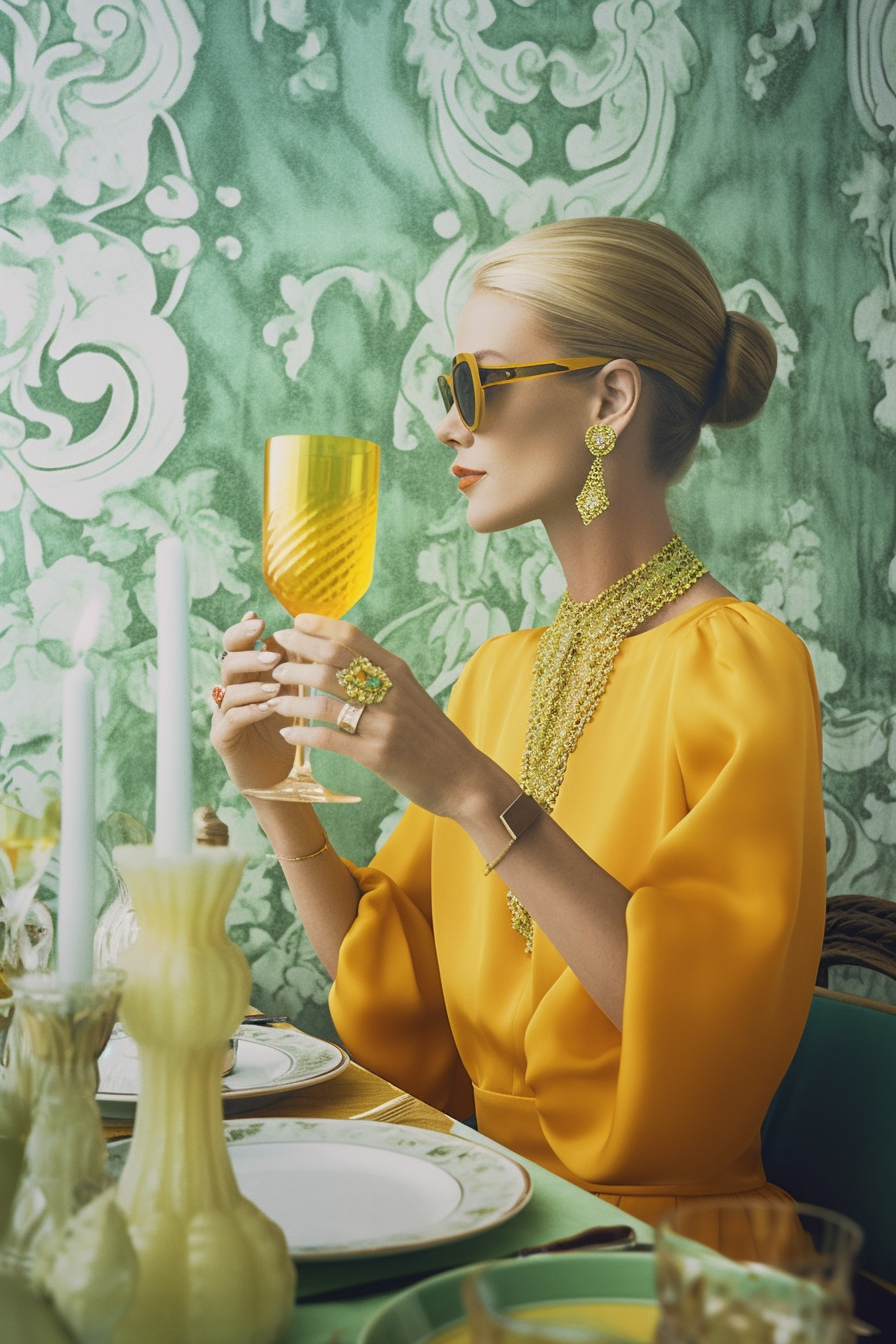 Woman in mustard yellow dress sitting at a table with green place setting, wearing sunglasses and elegant jewelry, holding a yellow stemmed glass, surrounded by green floral wallpaper, created with Midjourney.