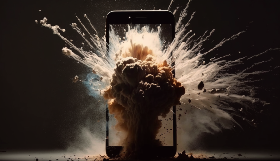 An AI generated image of an explosion on a phone, the explosion exceeds the bounds of the phone. The image is a metaphor of rapidly growing business online.