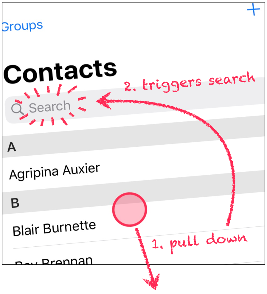Sketch showing how pull-to-search works.