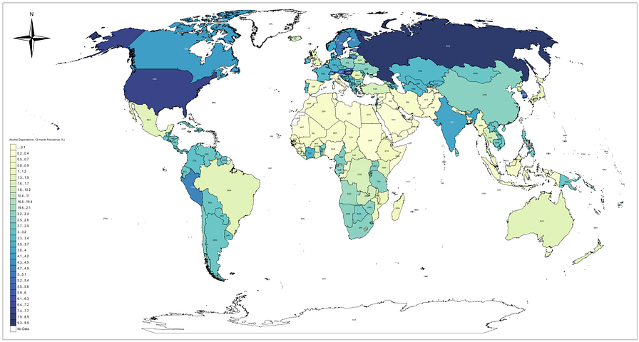 Map of the world showing countries with different colors based on the percent of drinking of alcohol done in those countries.