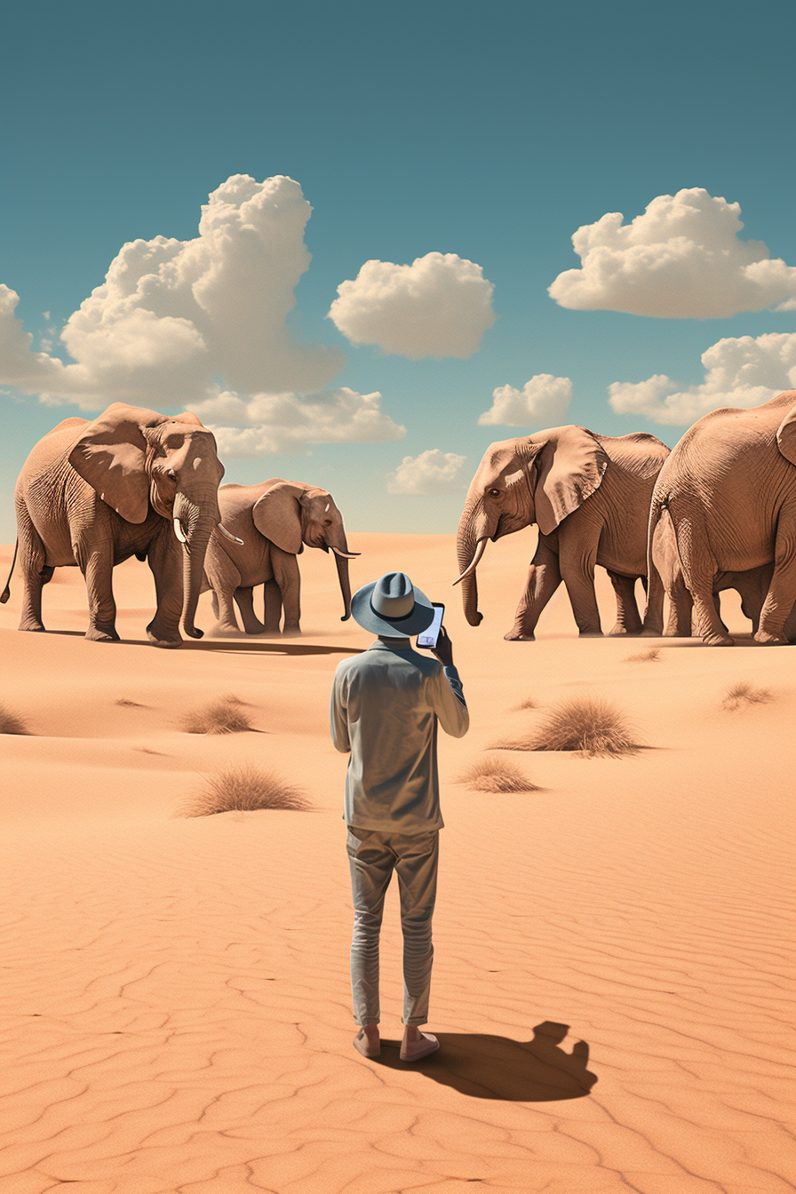 A man on a cell phone shows an elephants in the desert, in the style of hyper — realistic animal illustrations, digital symmetry, naturalistic depictions of flora and fauna, creative commons attribution, photographic source, depiction of animals, collage — based by RobotWhimsy