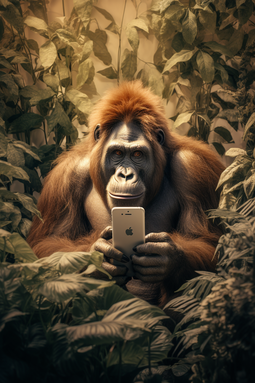 An ape on an iphone surrounded by shrubbery, in the style of majestic elephants, photo montage, installation — based, national geographic photo, light brown and beige, free — flowing surrealism, depiction of animals by RobotWhimsy