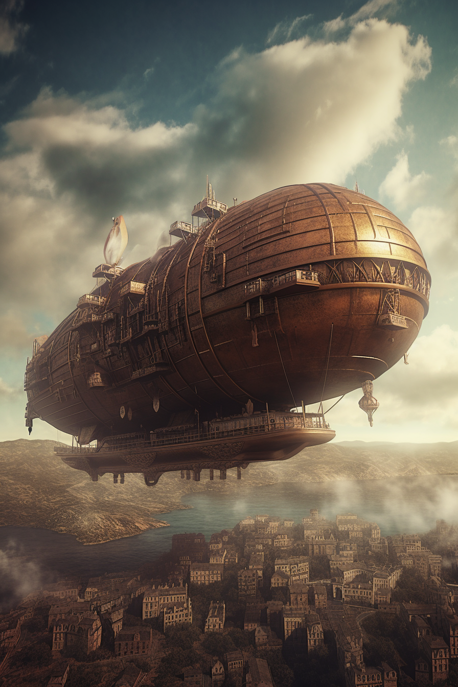 A steampunk airship created using AI software.
