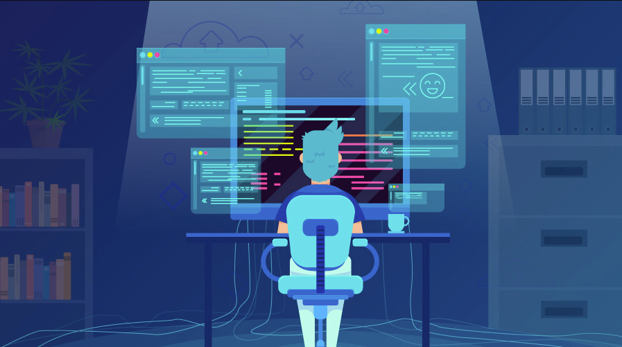 A ilustration of a person in front a computer doing code