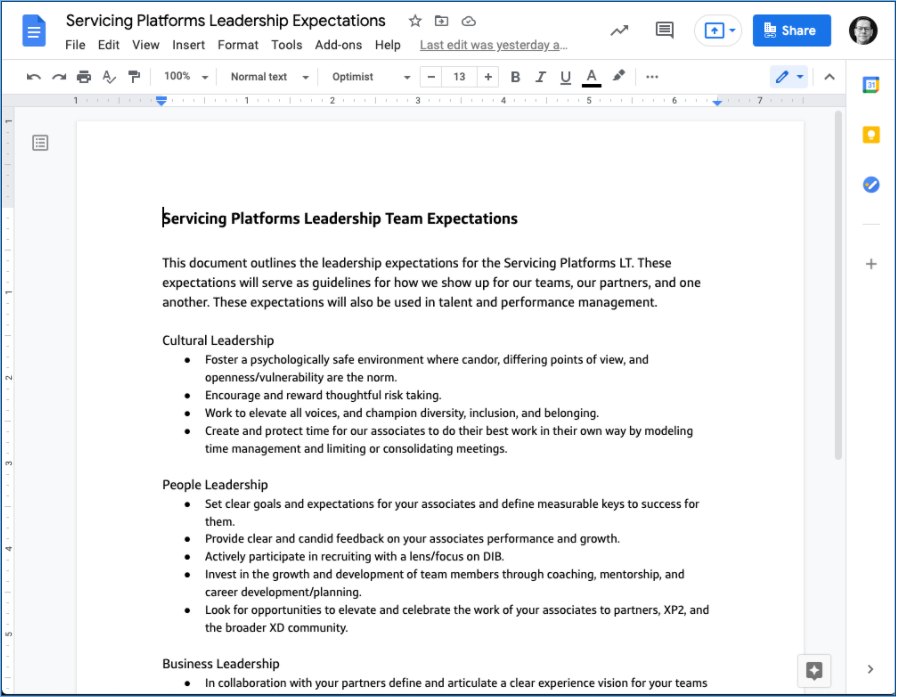 A google doc that outlines leadership expectations