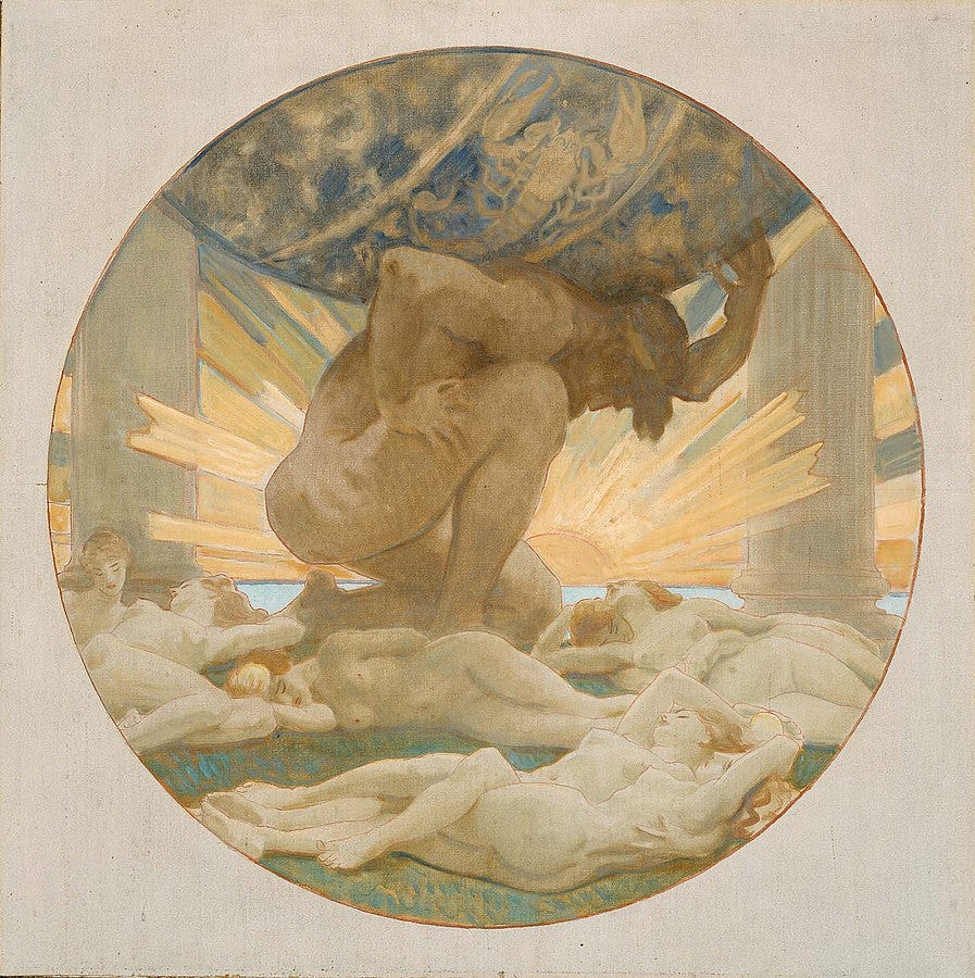 A pintura retrata o titã Atlas, no centro. Ele está apoiado em um dos joelhos enquanto sustenta um globo, que é o representação do céu ou firmamento, com figuras do zodiáoco. Do corpo de Atlas saem raios dourados. Atlas está rodeado de mulheres, suas filhas, as hespérides. Todas as figuras estão nuas e seguem o fenótipo caucaseano. Imagem: John Singer Sargent, “Atlas e as hespérides”, 1922–1925.