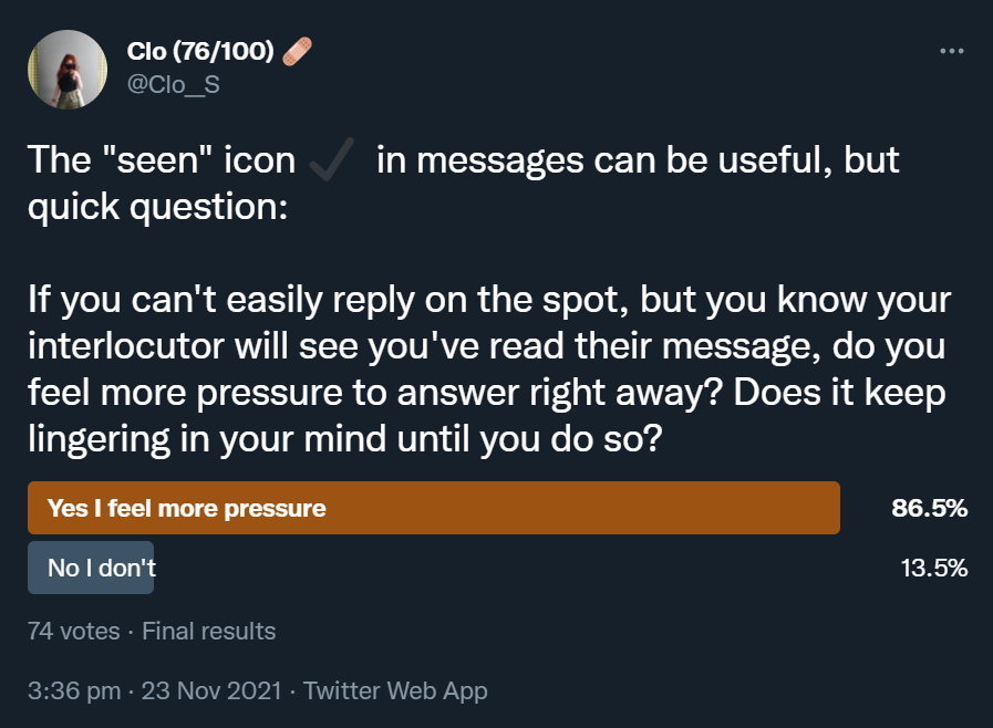 Twitter poll about whether people feel pressured by the “seen” icon in messages, 86.5% out of 74 votes answered yes