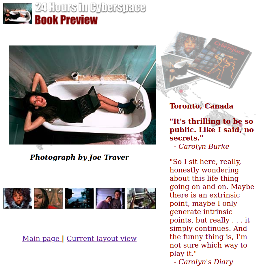 Screenshot of the 24 Hours in Cyberspace website with photo of a woman in a bathtub