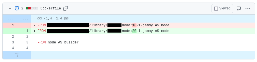 Diff of the Dockerfile changing the `FROM` from one node-18 image to node-20, both maintained internally