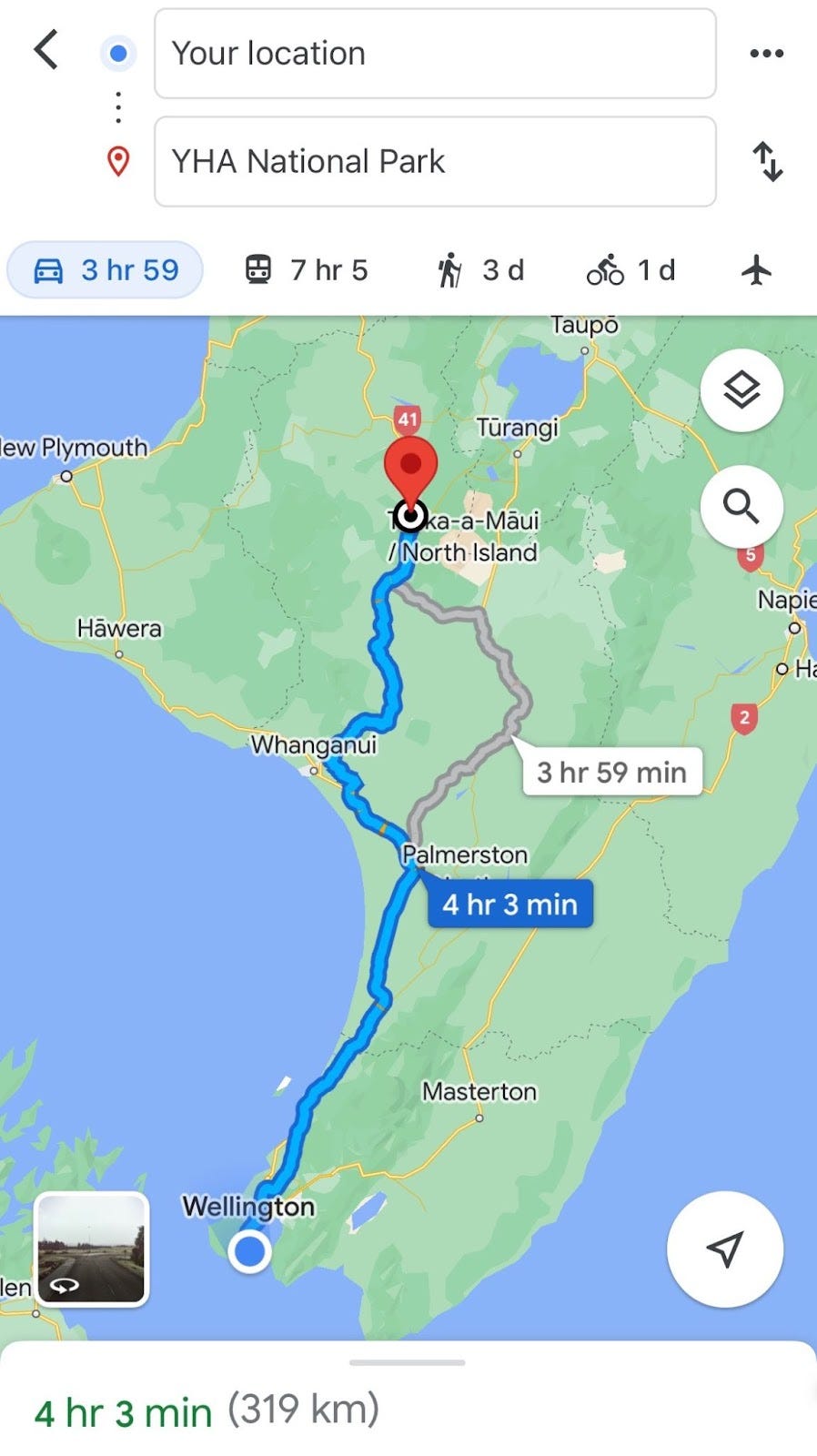 Google Maps mobile screenshot showing New Zealand’s North Island with a route from Wellington to the Tongariro National Park (YHA hostel). Showing 4 hours and 3 minutes and a distance of 319 km.