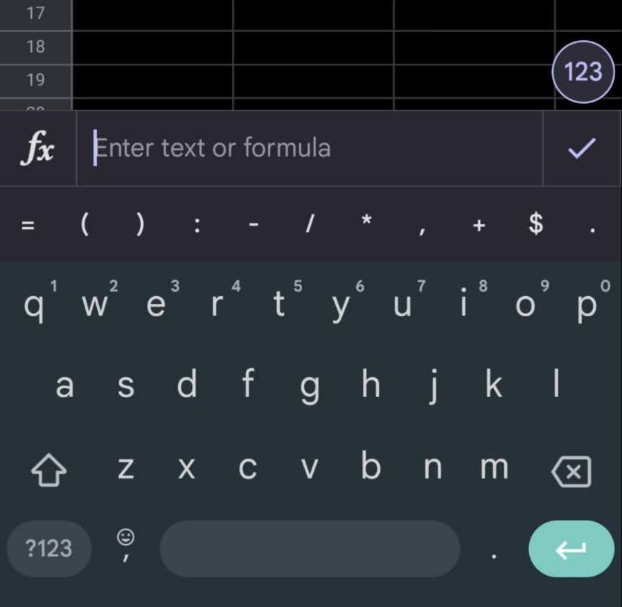 Example of a Google keyboard with an option to switch between alpha and numeric keypads