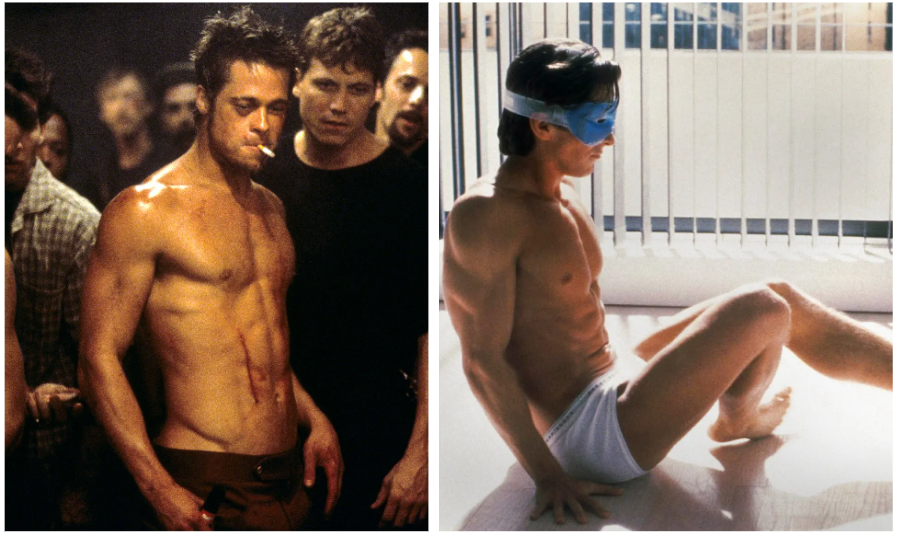 Left — Brad Pitt in Fight Club (1999) showing an incredibly lean and muscular physique. Right — Christian Bale in American Psycho (2000) with significant muscular definition and developed muscles.