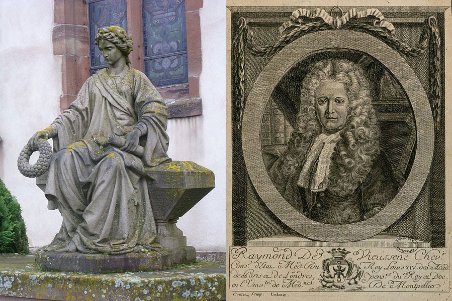 Photograph of the the Monument aux morts de Saint-Jean-de-Bassel next to a portrait of 18th century doctor Raymond Vieussens