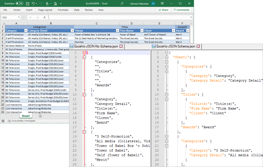 Export Excel data to JSON files