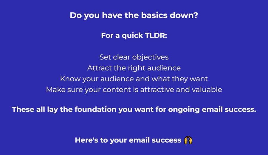 Article footer TLDR of the 4 steps to kicking of email success