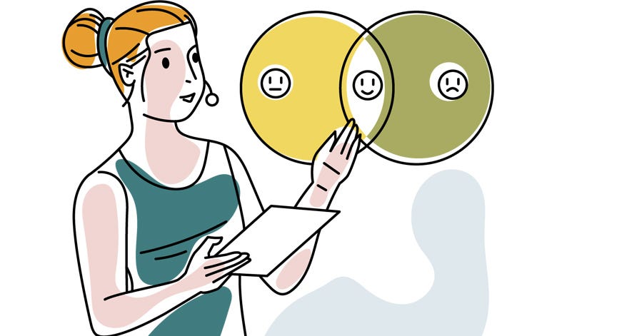 Illustration of lady speaker pointing to the intersection between two circles in a Venn diagram and there is a smiley face where she is pointing