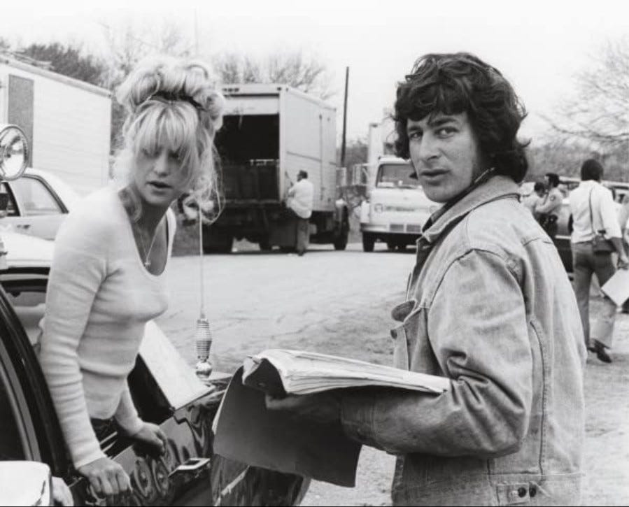 Image from the filming of The Sugarland Express, with Goldie Hawn and Steven Spielberg