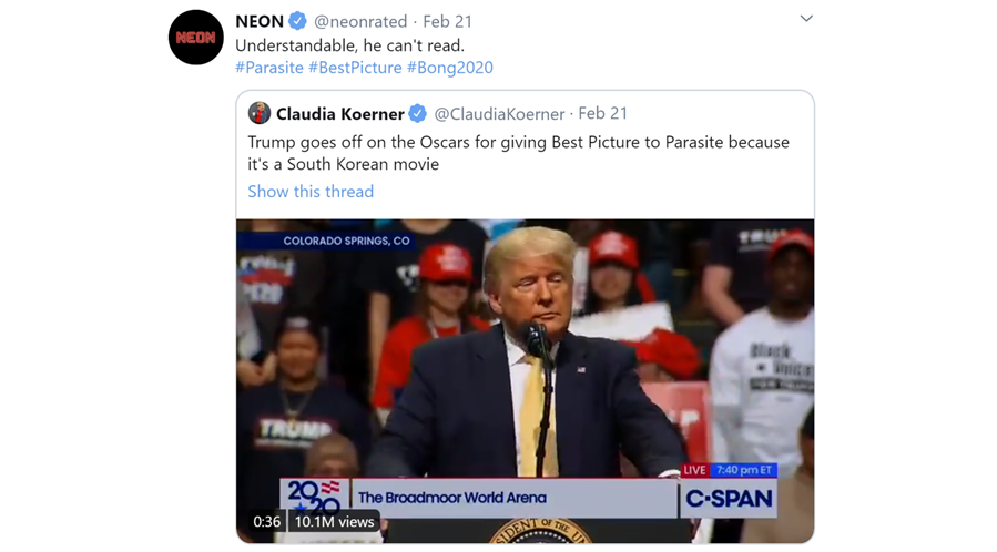 Tweet from NEON Studios saying “Understandable, [Trump] can’t read”