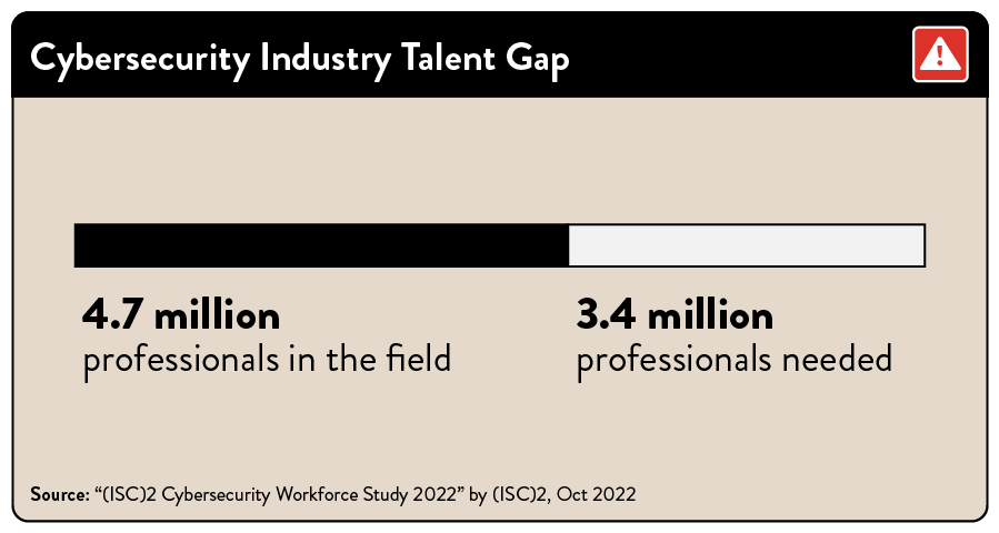 A bar graph showing that an estimated 4.7 million professionals in the field, but ISC2 estimates the industry would need to hire 3.4 million more to “secure assets effectively.”