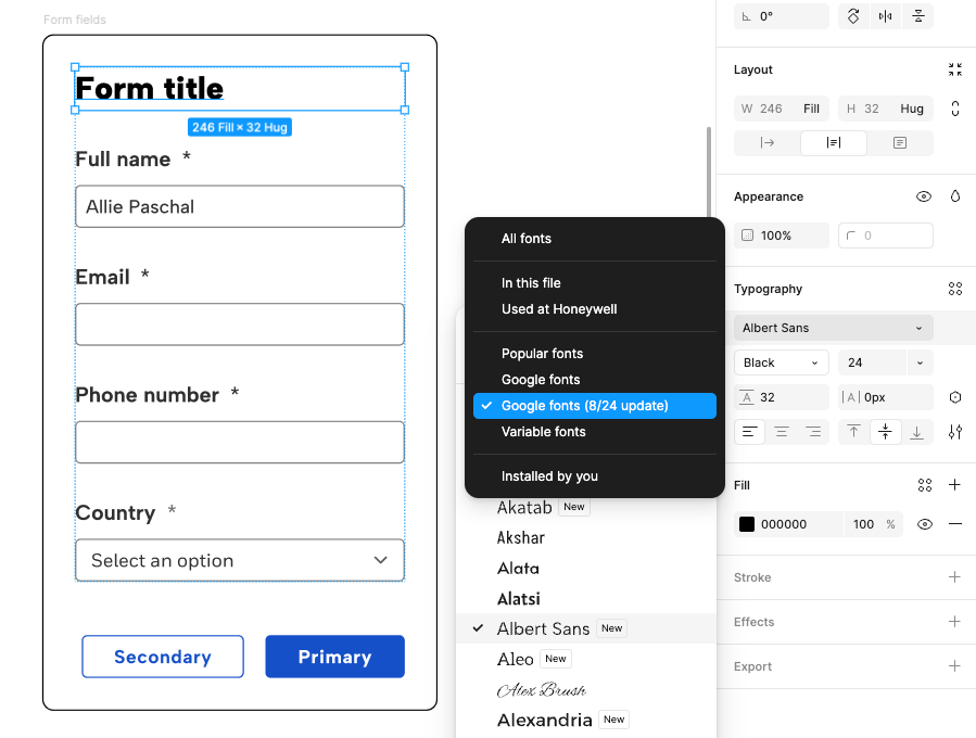 Figma canvas with the menu open and “Google fonts (8/24 update)” highlighted