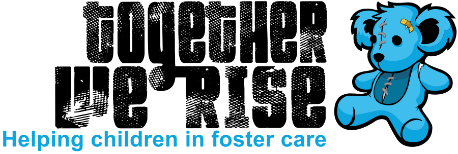 An illustration of a blue teddy bear next to text that reads “Together We Rise. Helping children in foster care.”