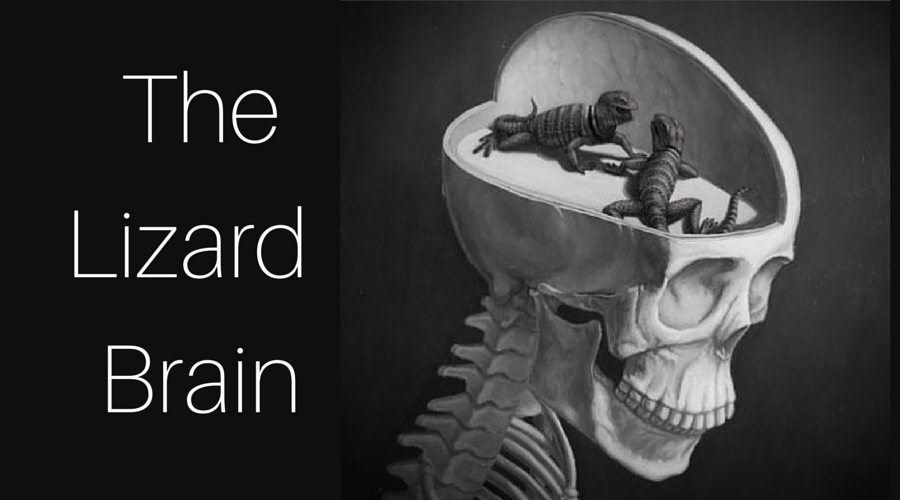 Image of lizards inside a skull with caption that reads 'Lizard Brain.'