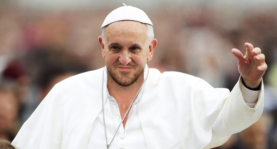 The Pope with the casual stubble, and unbuttoned robe of Ryan Reynolds.