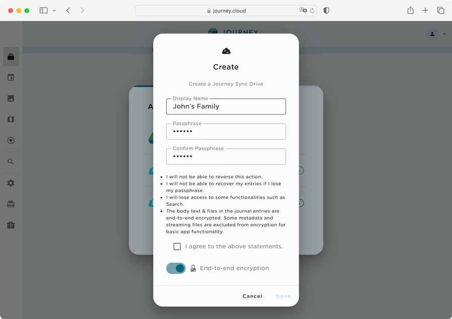 Users can choose to turn on end-to-end encryption on Journey Cloud Sync.