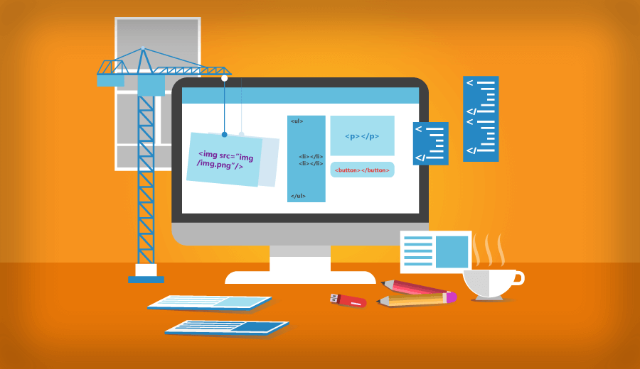 A imagem mostra uma ilustração de um monitor de computador, com diversas figuras represantando a construção do HTML.