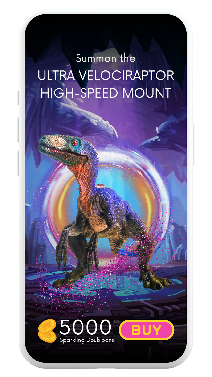 A mobile phone screen shows a colorful image of a game’s cash store, featuring the Ultra Velocirator High-Speed Mount, costing 5000 Sparkling Doubloons.