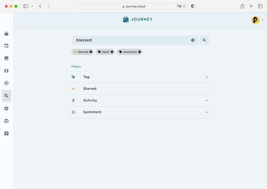 Search for phrases or for certain parameters on Journey to filter your journal entries.