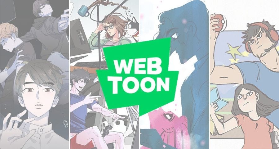 On the background, various illustrations of four webcomics. On the foreground, the logo of the company Webtoon.