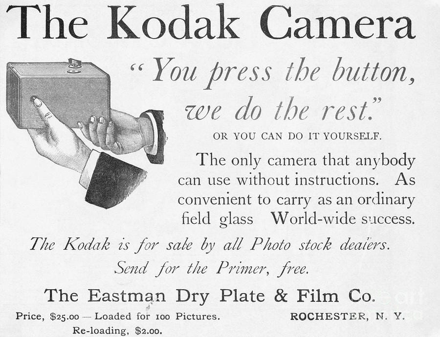 A vintage ad for the Kodak camera with the tagline ‘You press the button, we do the rest’ and a sketch of a handheld box camera.