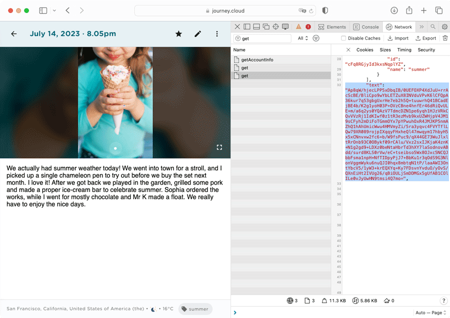 Decrypted (left) and encrypted (right) texts in a journal entry.