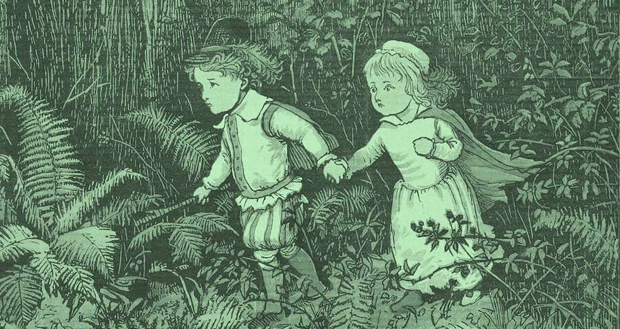 Two green children walking in the woods