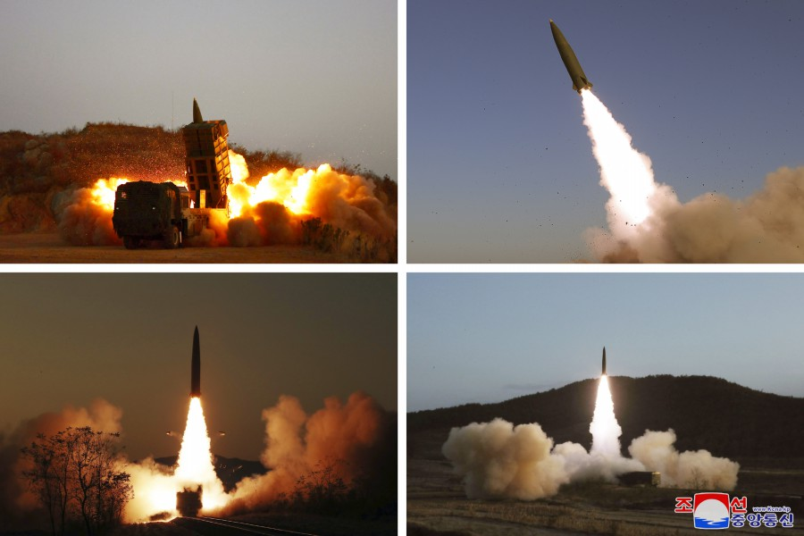 Four images showing North Korean intercontinental ballistic missile launches during November 2022 tests.