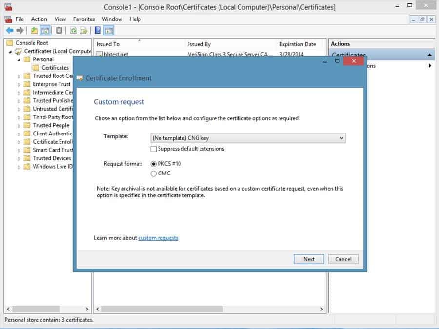 An image of configuring the certificate options with a request format and the template