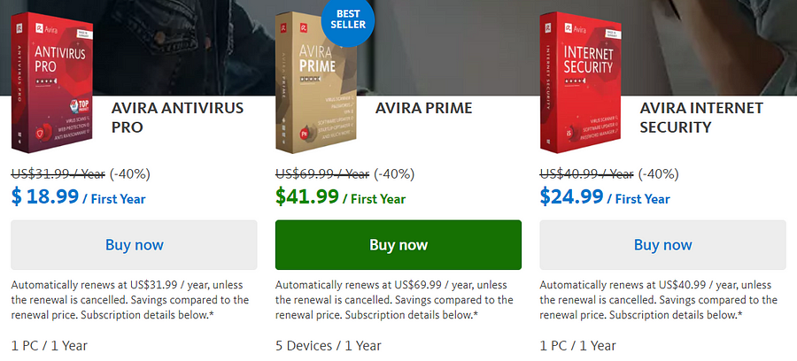 Avira pricing