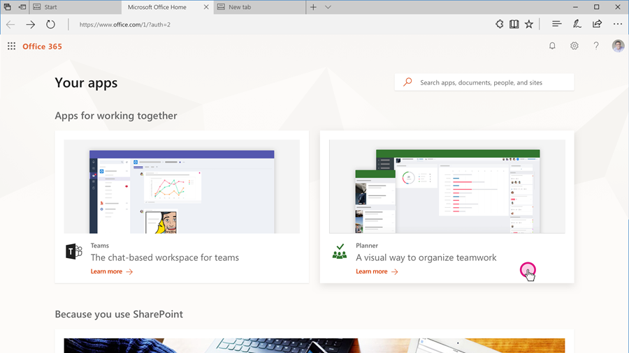 www.office.com/setup - Image of the new Office 365 gallery, where you can explore apps.