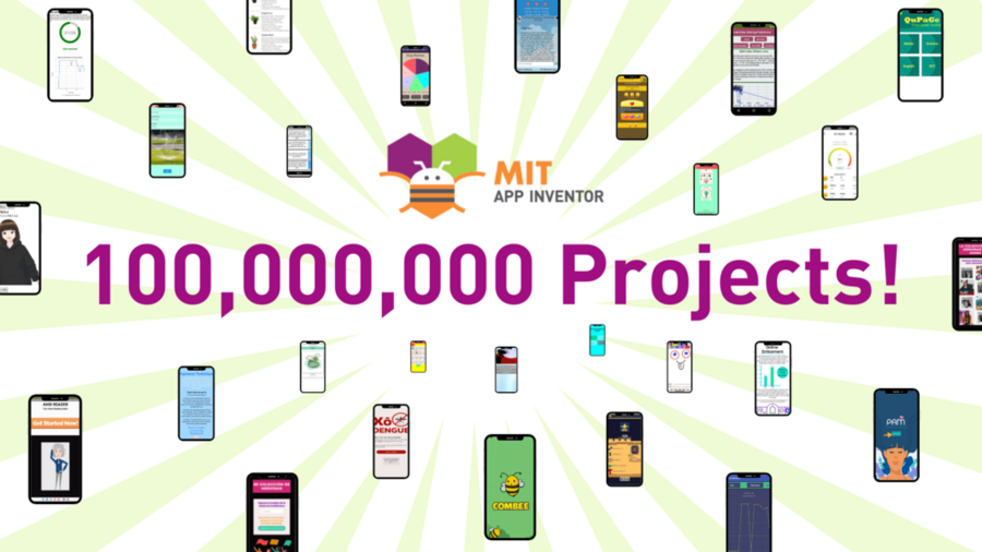 About 30 illustrations of cellphones with different projects on them, as well as the words “100,000,000 projects!” and the MIT App Inventor logo