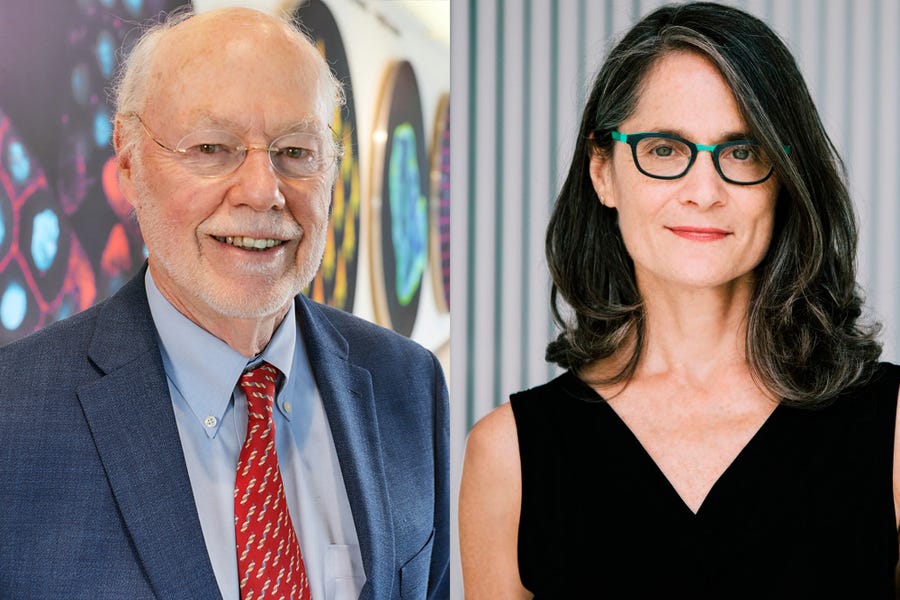 Headshot photos of Phillip Sharp and Amy Brand.