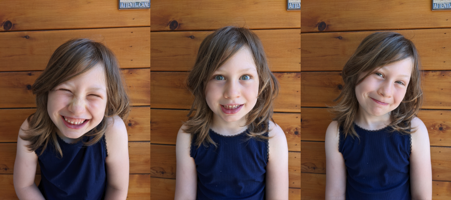 Three portraits of Aliyah, one with a smile, one with a smirk, one silly.