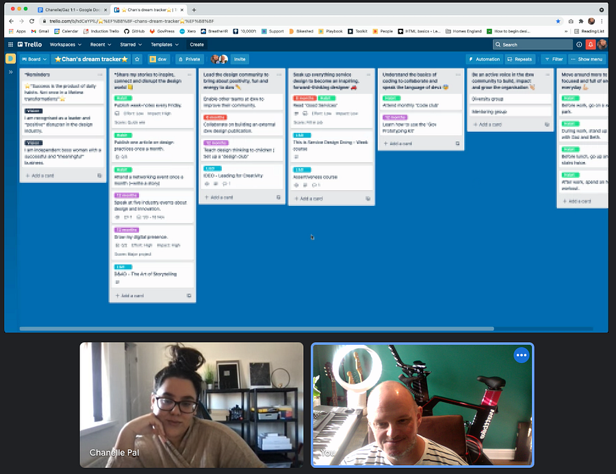 A screen grab of a Google Meet call with a Trello board