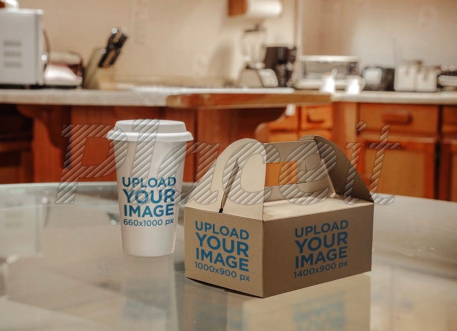 label mockup featuring a takeaway coffee cup and paper cake box