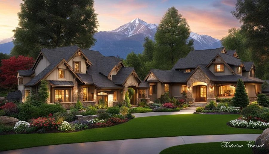 serene ambiance of Mapleton’s Real Estate Market with a suburban landscape of beautiful homes, towering trees, and picturesque mountains in the background. Image by Katerina Gasset and Tristan Gasset of The Gasset Group Brokered by EXP realty