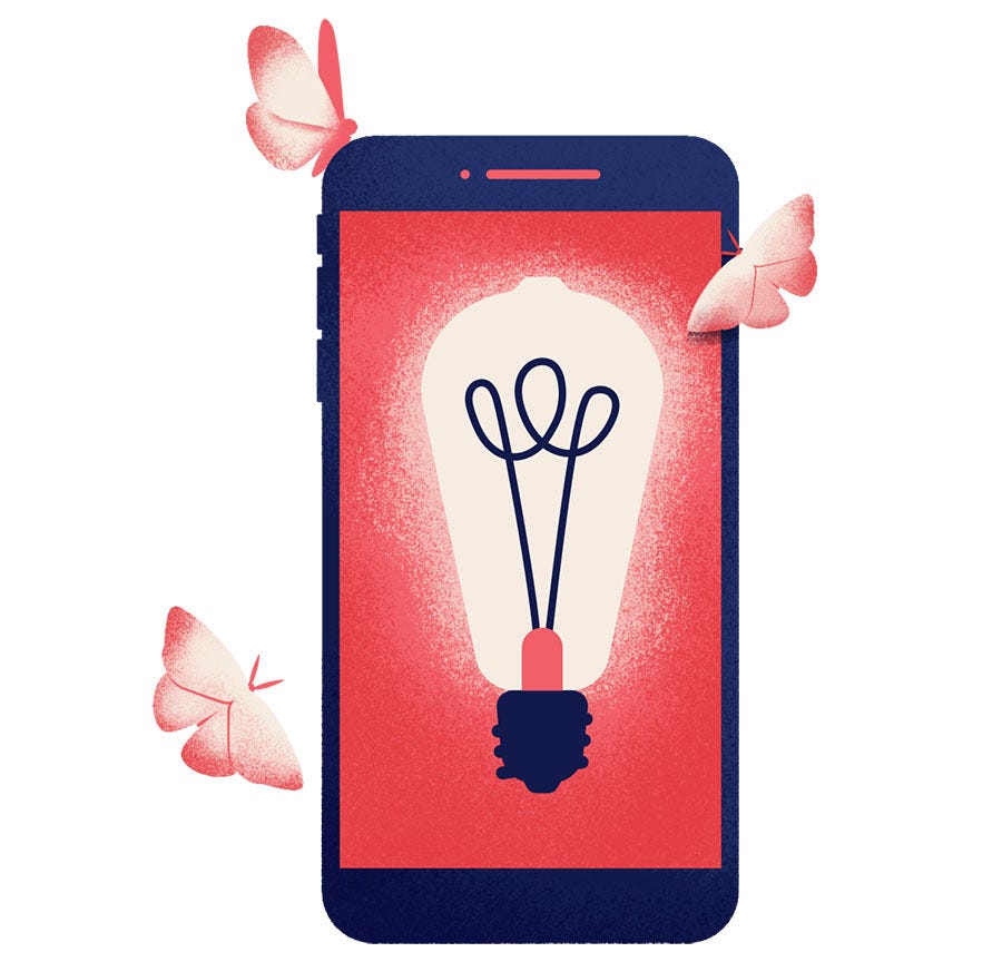 An illustration of a mobile phone screen with a light bulb image and butterflies circling the phone.