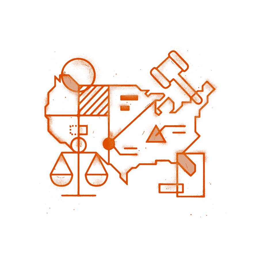 An illustration of a United States map with abstracted symbols to indicate design systems, objects, justice, and politics.