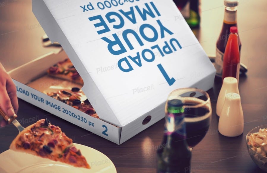 mockup of a pizza box on a table surrounded by sauces